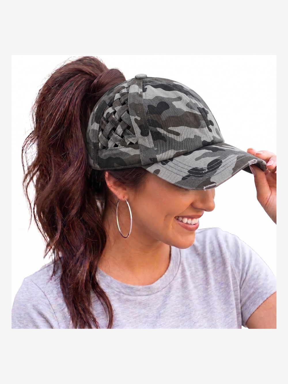 Criss Cross Ponytail Cap, Messy Bun | Basketweave, Gray Camouflage | Size OS